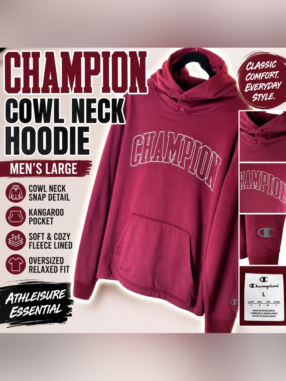 Champion Burgundy Cowl Neck Hoodie Men’s Large Oversized Athleisure Sweatshirt